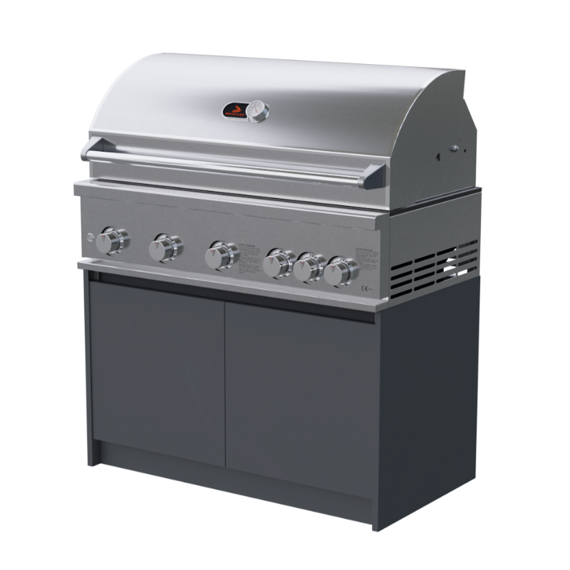 Whistler Fairford L-Shaped Black Outdoor Kitchen with 5-Burner BBQ & Green Kamado – 3.1m x 3.5m