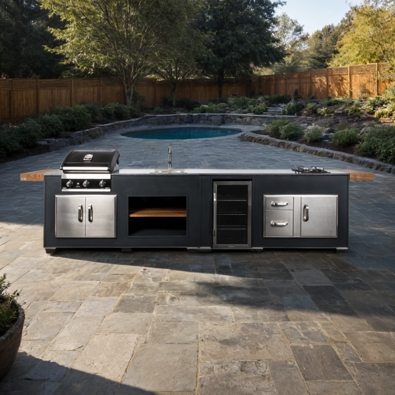 Grillandia Medium Rare Pro Line Grandhall 5-Burner Outdoor Kitchen – Fridge, Sink, and Weather Cover – 4.4M