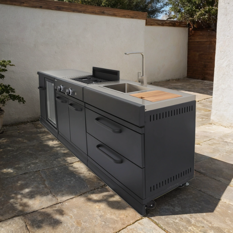 GRLLR Connect Outdoor Kitchen with Fridge, Stove Unit and Sink in Anthracite I 2.4 meters in length