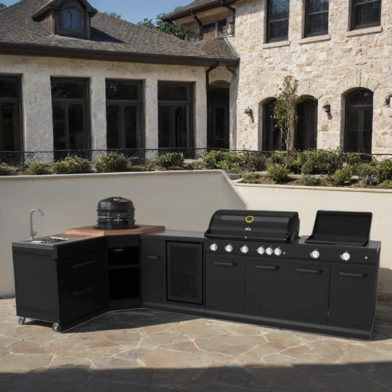 GRLLR Outdoor Kitchen Includes a Sink, Expansion Unit, Kamado, Fridge, Gas Burner and Stove Unit