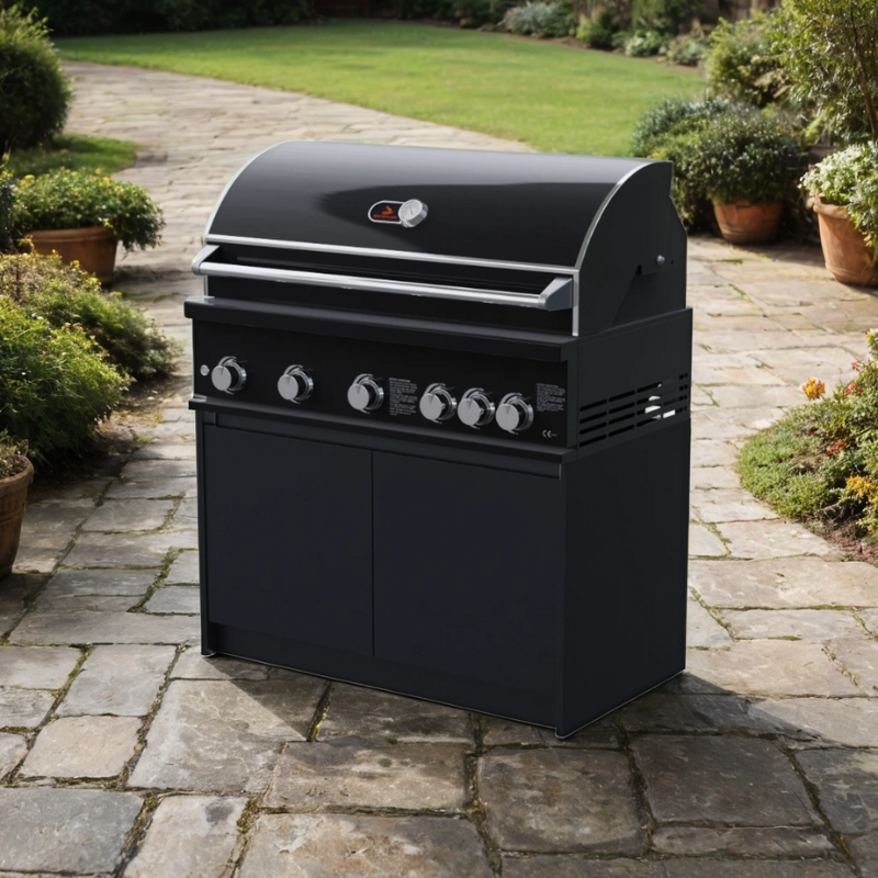Black barbecue grill on a stone patio with a garden background