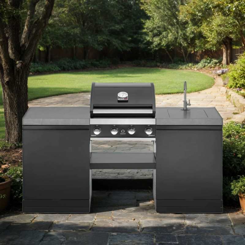 GrandPro 185 Outdoor Kitchen with Grandhall  4 Gas Burner Grill With Fridge and Sink