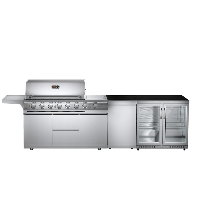 Whistler Blockley Cirencester Outdoor Kitchen 4 Burner BBQ, Gas Cabinet & Double Door Fridge & Weather Proof Cover