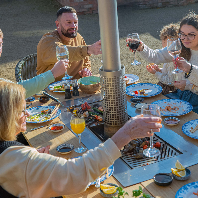WeGrillTable Social Grill Table – Marine Grade Stainless Steel Smoke-Free Charcoal BBQ Dining Table & Patio Heater