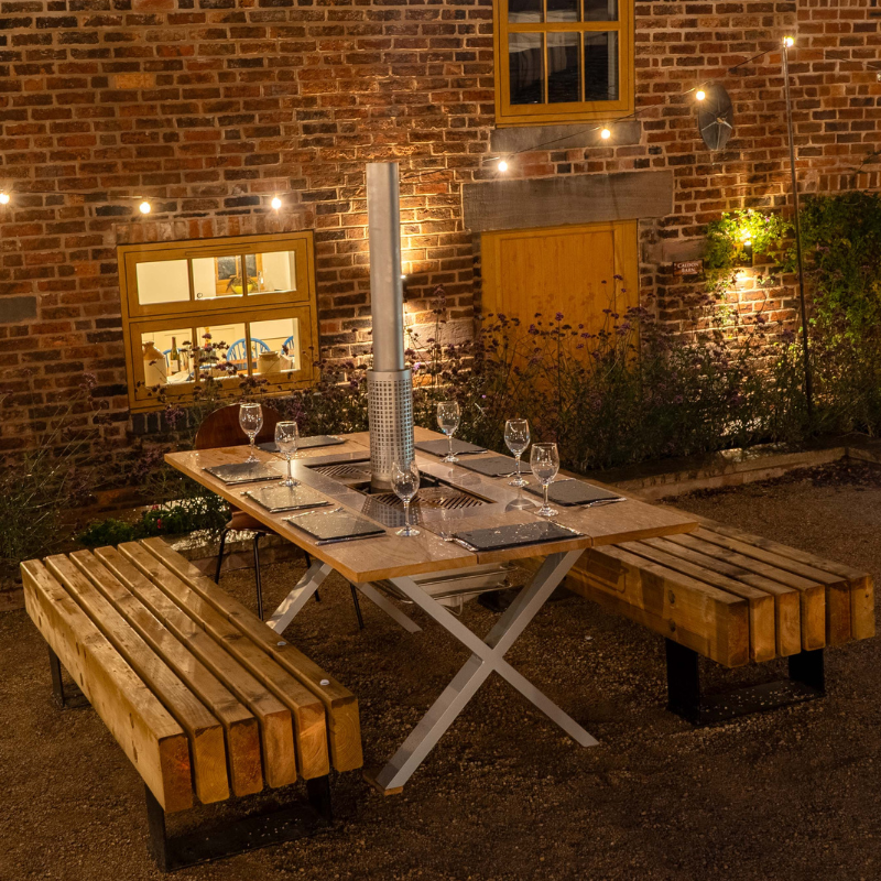 WeGrillTable Social Grill Table – Marine Grade Stainless Steel Smoke-Free Charcoal BBQ Dining Table & Patio Heater