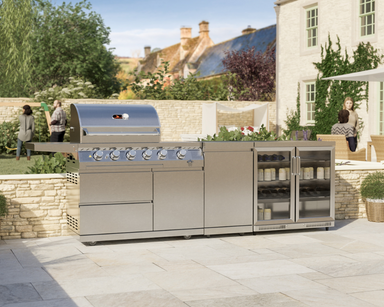 Whistler Blockley Cirencester Outdoor Kitchen 4 Burner BBQ, Gas Cabinet & Double Door Fridge