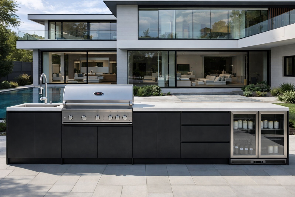 Modern Whistler outdoor kitchen with stainless steel appliances in a luxurious home setting.