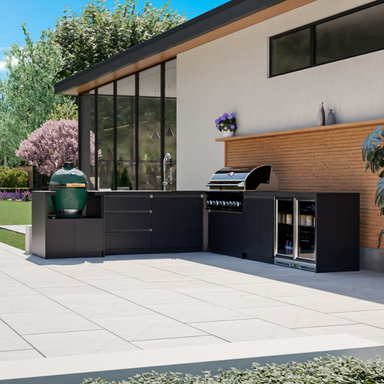 Whistler Grills Outdoor Kitchen in Anthracite grey, with sink, triple drawers, Kamado and Double Door Fridge