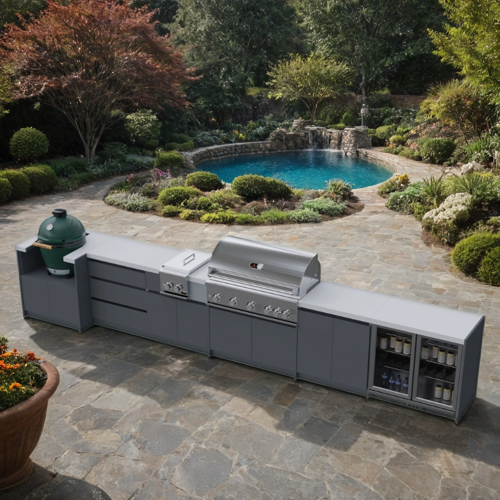 Whistler Outdoor kitchen with grill and storage units near a pool