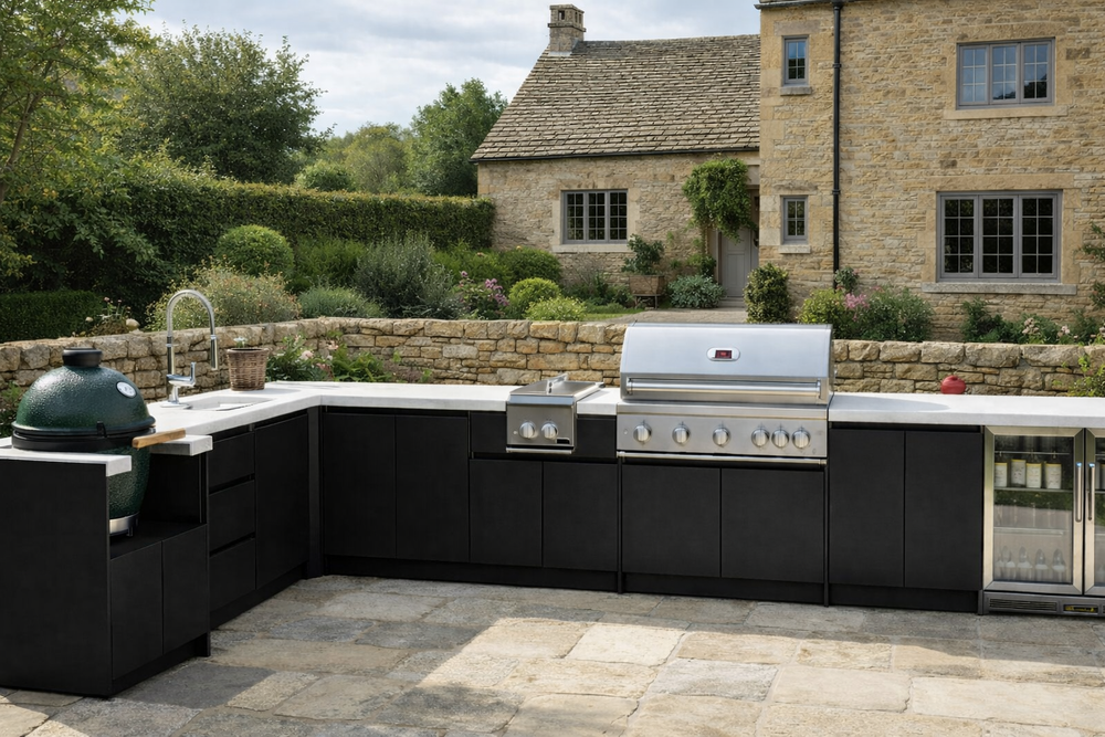 Whistler grills Outdoor kitchen with grill and sink in a garden setting