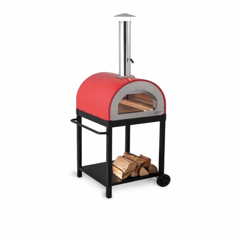 Front view of Alfresco Chef Naples Wood Fire Pizza Oven in red