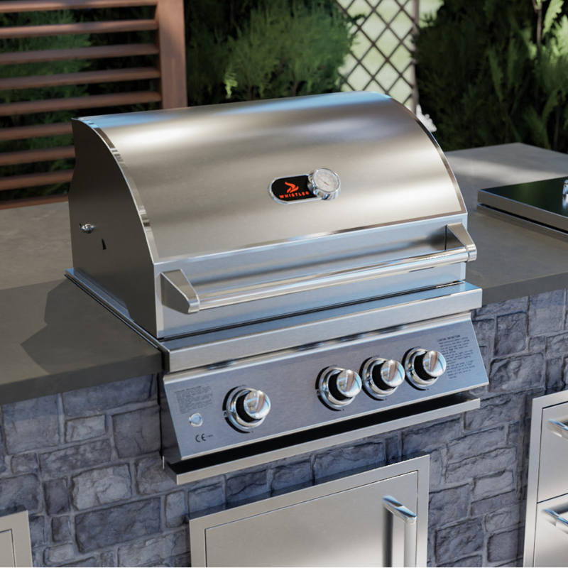 angled view of Whistler Burford 3 Burner Barbecue with Rotisserie and Weather Cover 