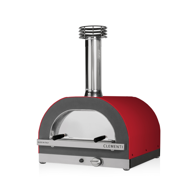 Front view of Clementi gold wood fired pizza oven in red