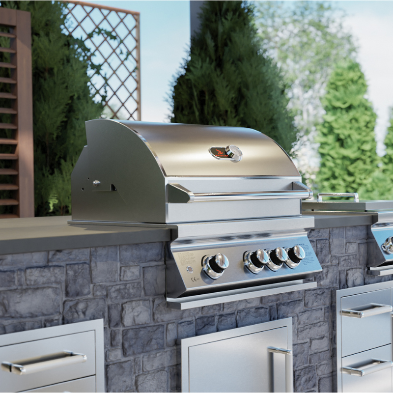 close up lifestyle view lifestyle of Whistler Burford 3 Burner Barbecue with Rotisserie and Weather Cover 