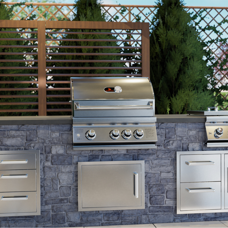 lifestyle view of Whistler Burford 3 Burner Barbecue with Rotisserie and Weather Cover 