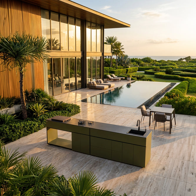 Grillionaire MOSS Grade 2 Aluminum Modular Outdoor Kitchen with Dekton Worktops, Sink, Side Burner and Fridge