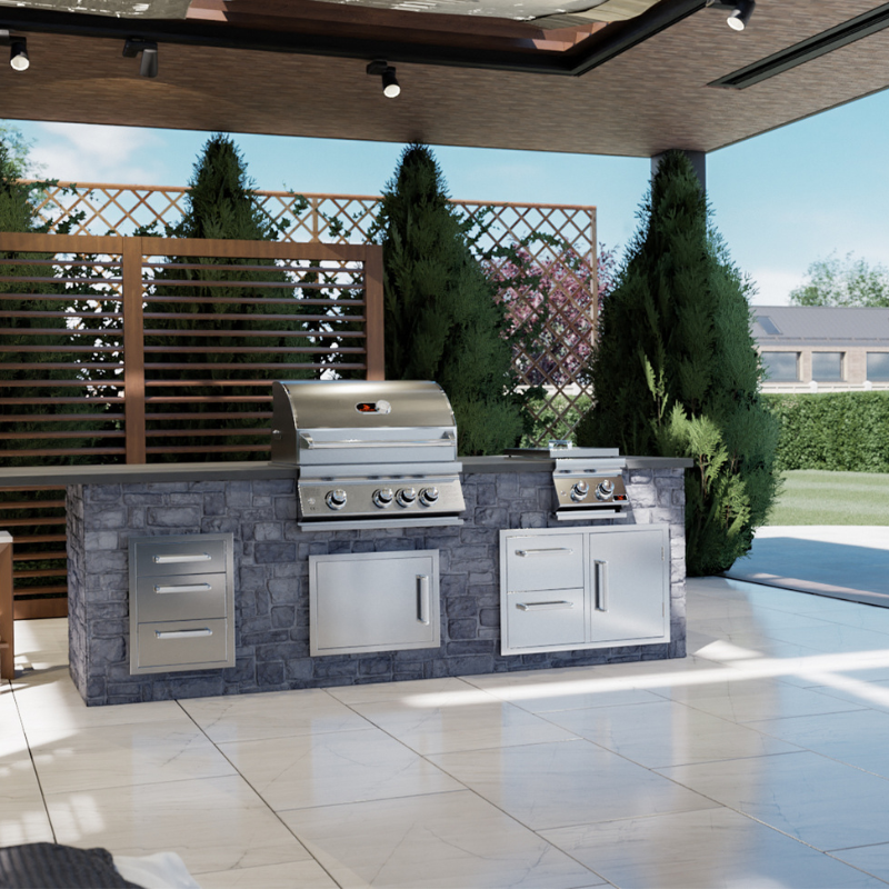 panoramic view of Whistler Burford 3 Burner Barbecue with Rotisserie and Weather Cover  