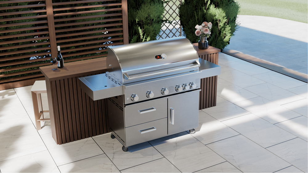 side angel aerial view of Whistler Bibury 5 + Side burner Gas BBQ against front of house
